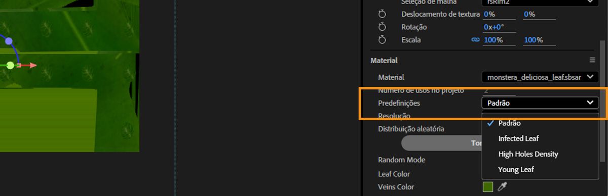 O menu suspenso Predefinições em Materiais no painel Propriedades está aberto, e há múltiplas predefinições para escolher.