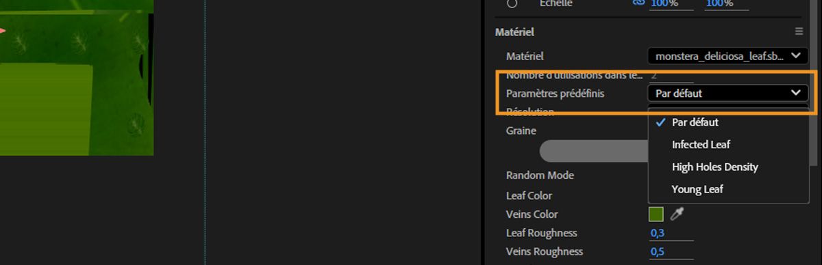 Le menu déroulant Paramètres prédéfinis sous Matériels dans le panneau Propriétés est ouvert, et vous avez le choix entre plusieurs paramètres prédéfinis.