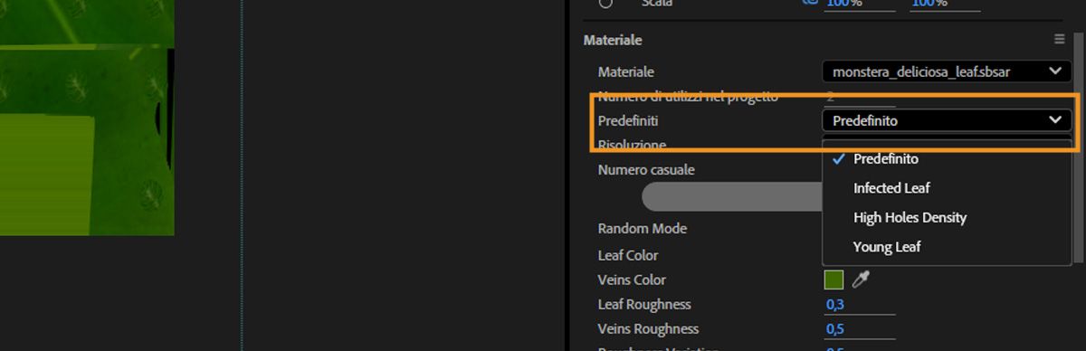 Il menu a discesa Predefiniti in Materiali nel pannello Proprietà è aperto e ci sono diversi predefiniti tra cui scegliere.