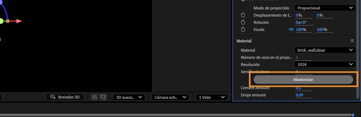 La opción Aleatorizar está resaltada en la sección Material.