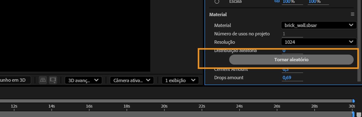 A opção Aleatorizar está destacada na seção Material.