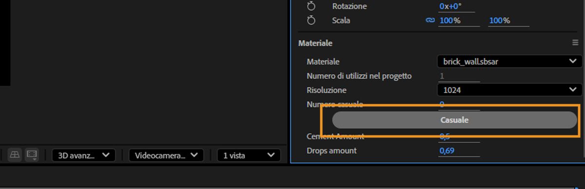 L'opzione Randomizza è evidenziata nella sezione Materiale.