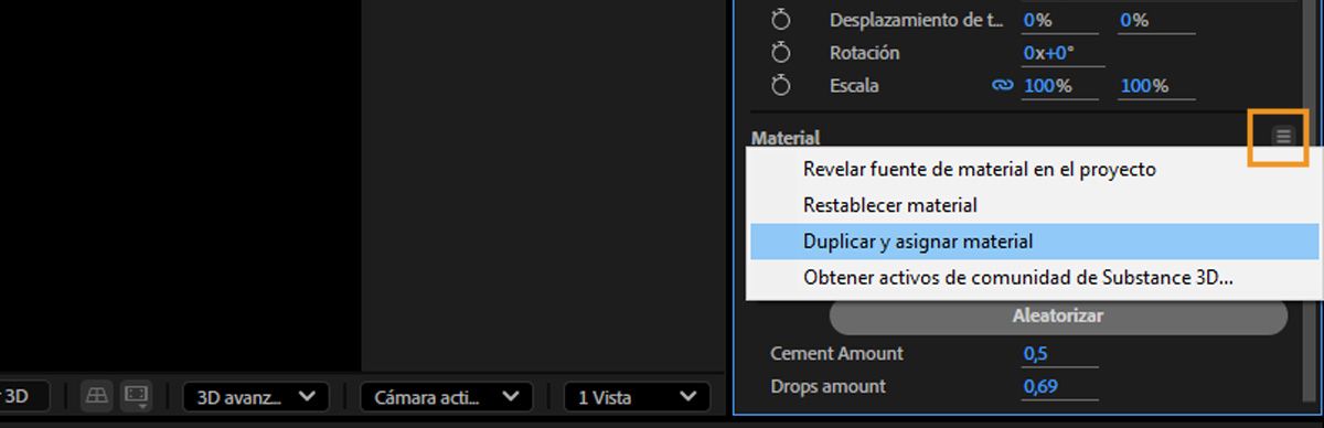 El menú de la sección Material está abierto y la opción Duplicar y asignar material de la lista está seleccionada.