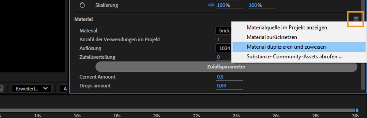 Das Menü des Abschnitts „Material“ ist geöffnet und „Material duplizieren und zuweisen“ ist aus der Liste ausgewählt.