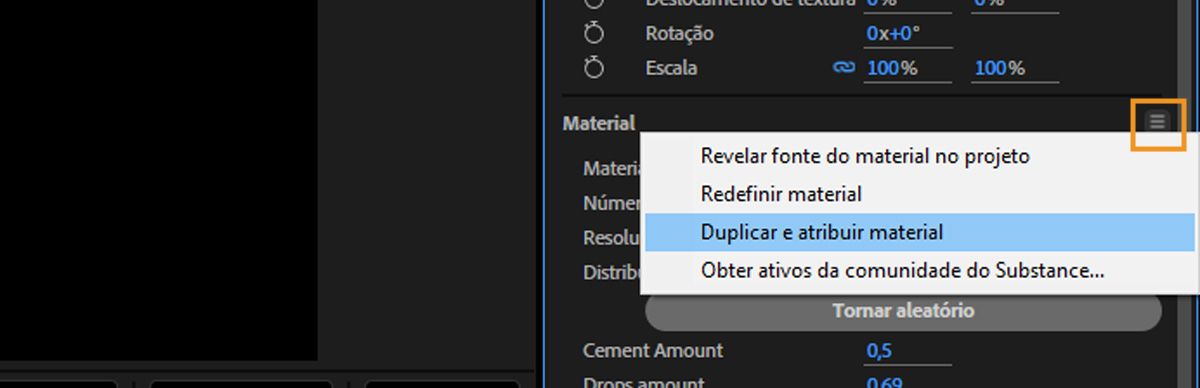 O menu da seção Material está aberto, e a opção Duplicar e Atribuir Material da lista está selecionada.