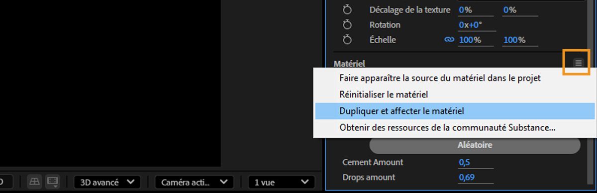 Le menu de la section Matériel est ouvert, et l’option Dupliquer et affecter le matériel de la liste est sélectionnée.