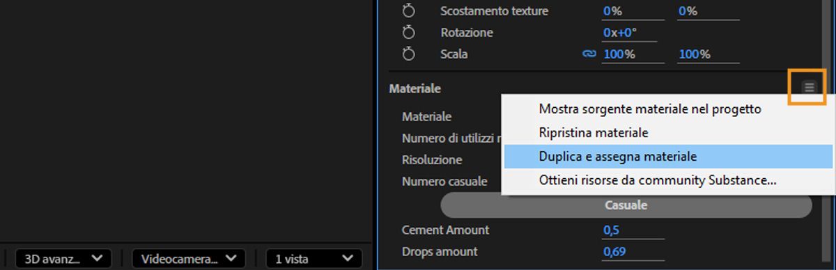 Il menu della sezione Materiale è aperto e l’opzione Duplica e assegna materiale dall’elenco è selezionata.