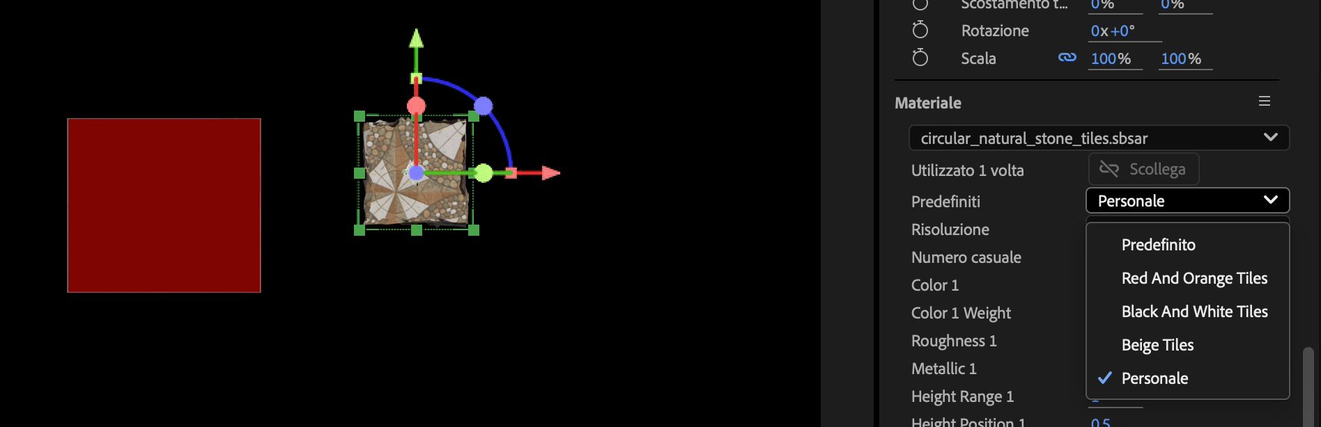 Il menu a discesa Predefiniti in Materiali nel pannello Proprietà è aperto e ci sono diversi predefiniti tra cui scegliere.