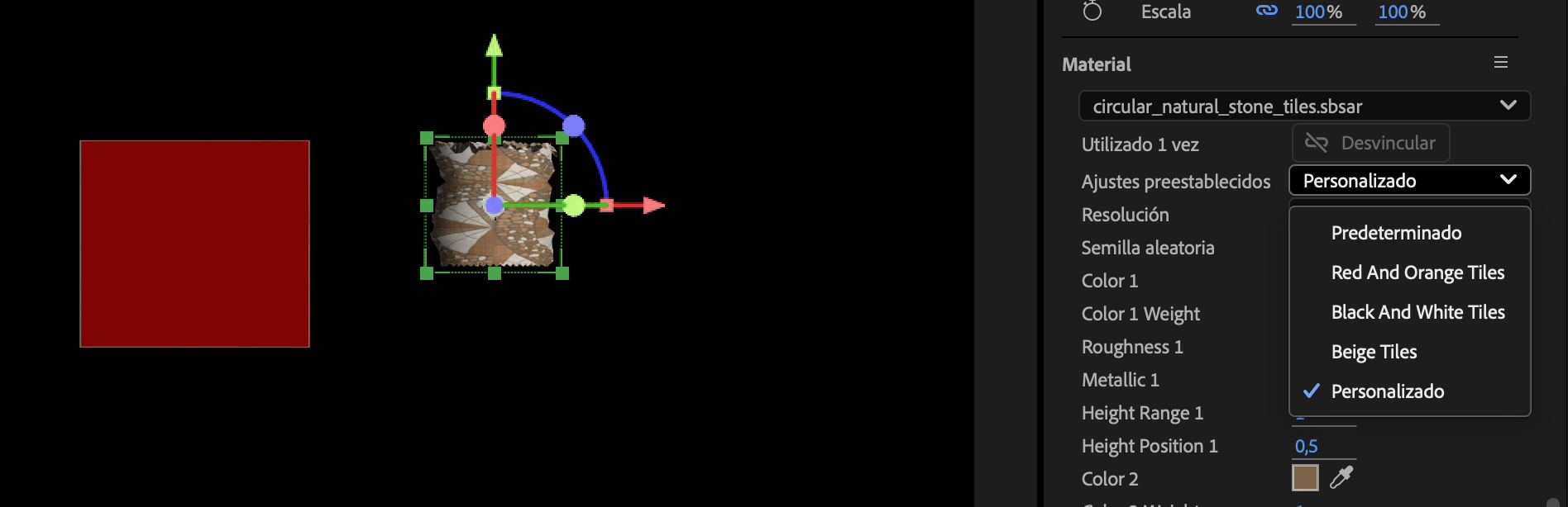 El menú desplegable Ajustes preestablecidos en Materiales en el panel Propiedades está abierto y hay varios ajustes preestablecidos para elegir.