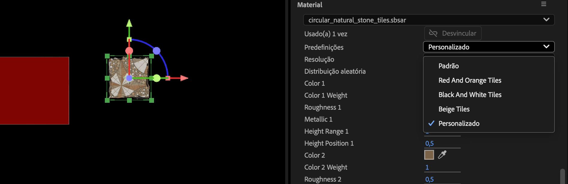 O menu suspenso Predefinições em Materiais no painel Propriedades está aberto, e há múltiplas predefinições para escolher.