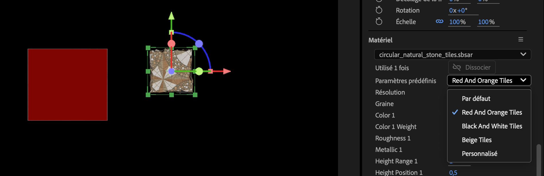 Le menu déroulant Paramètres prédéfinis sous Matériels dans le panneau Propriétés est ouvert, et vous avez le choix entre plusieurs paramètres prédéfinis.