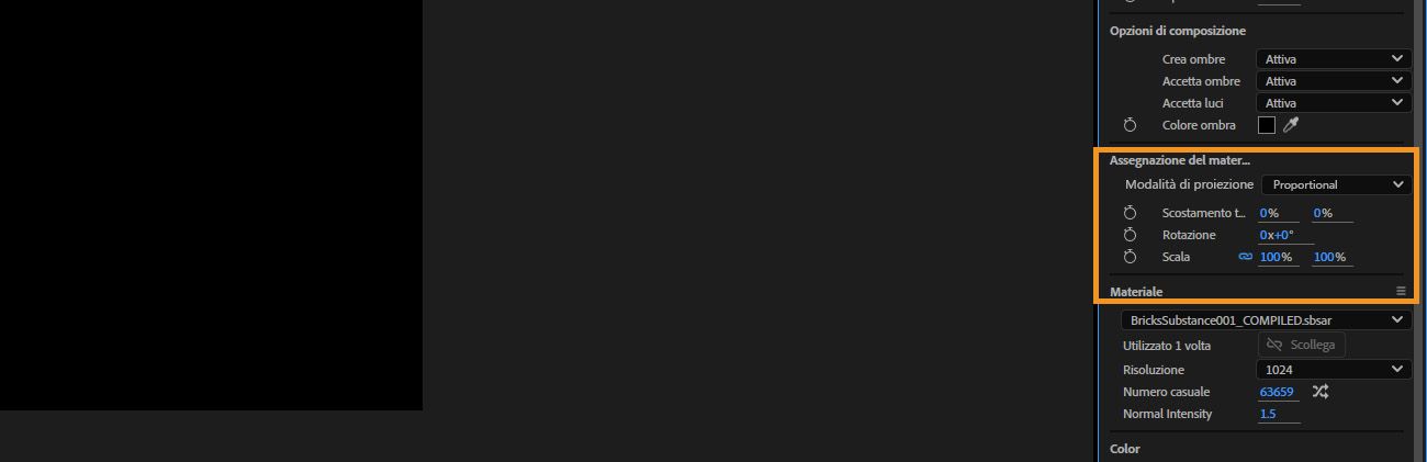 La sezione Assegnazione del materiale evidenzia opzioni come Scostamento, Rotazione e Ripetizione per regolare come il materiale viene applicato al modello.