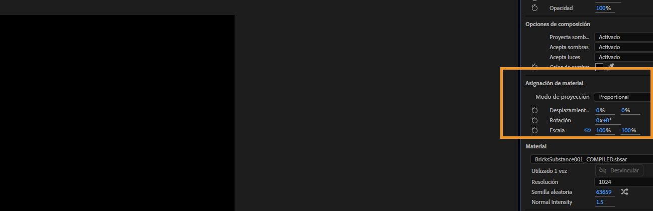 La sección Asignación de Material destaca opciones como Desplazamiento, Rotación y Repetir para ajustar cómo se aplica el material al modelo.