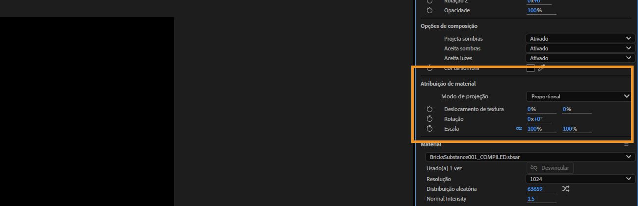 A seção Atribuição de Material destaca opções como Deslocamento, Rotação e Repetir para ajustar como o material é aplicado ao modelo.