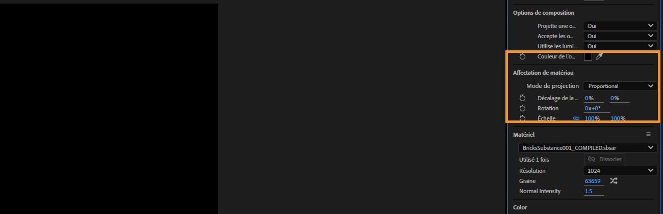 La section Affectation de matériel met en surbrillance des options telles que Décalage, Rotation et Répétition pour ajuster l’application du matériel sur le modèle.