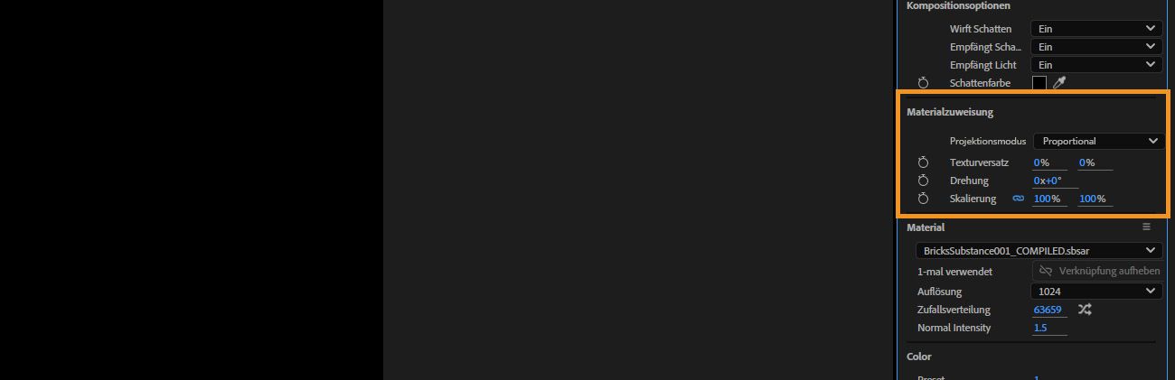 Der Bereich Materialzuweisung hebt Optionen wie Versatz, Rotation und Wiederholen hervor, um anzupassen, wie das Material auf das Modell angewendet wird.