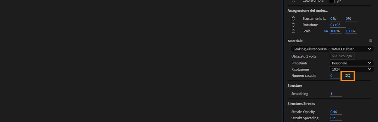 L'opzione Randomizza è evidenziata nella sezione Materiale.