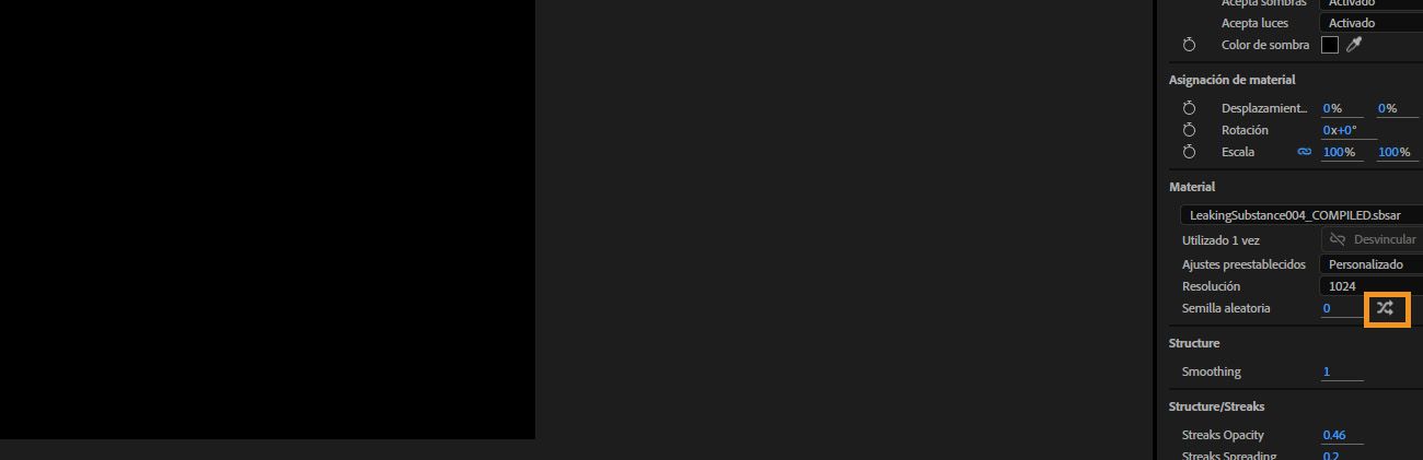 La opción Aleatorizar está resaltada en la sección Material.
