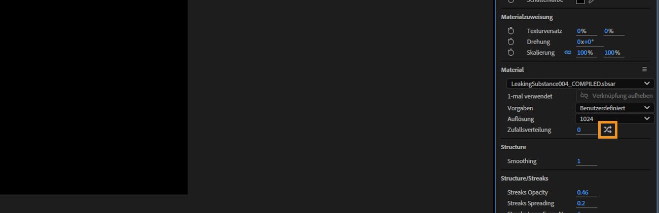 Die Option Zufällig ist im Materialbereich hervorgehoben.