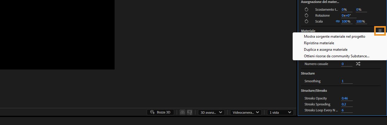 Il menu della sezione Materiale è aperto e l’opzione Duplica e assegna materiale dall’elenco è selezionata.