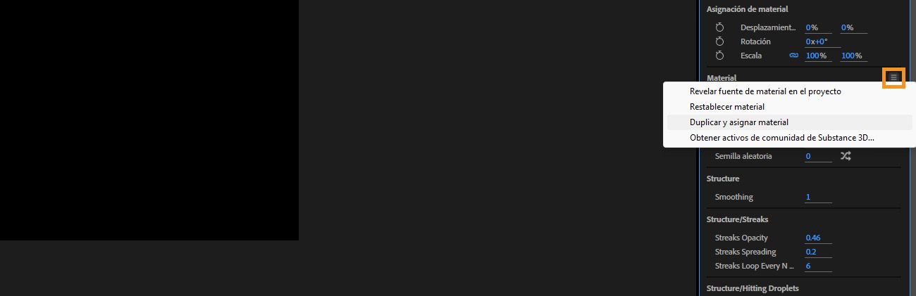 El menú de la sección Material está abierto y la opción Duplicar y asignar material de la lista está seleccionada.