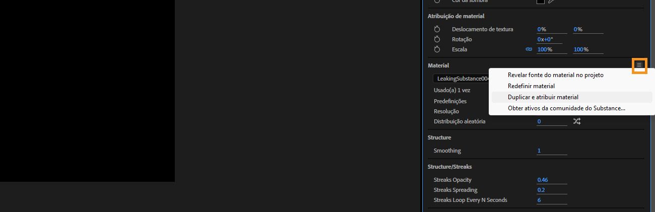 O menu da seção Material está aberto, e a opção Duplicar e Atribuir Material da lista está selecionada.