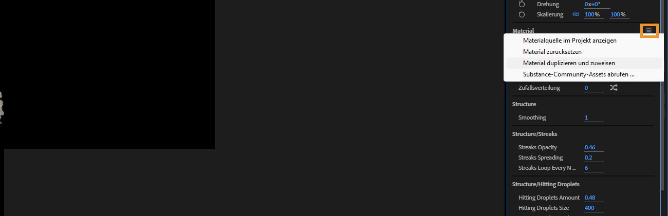 Das Menü des Abschnitts „Material“ ist geöffnet und „Material duplizieren und zuweisen“ ist aus der Liste ausgewählt.