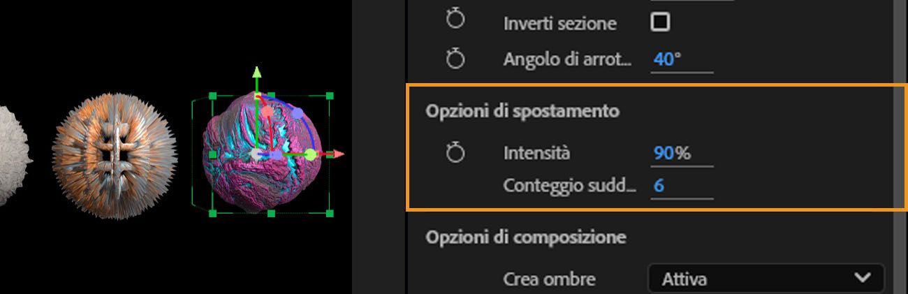 La sezione options Spostamento è evidenziata e sono disponibili le options Intensità e Conteggio suddivisioni per la regolazione.