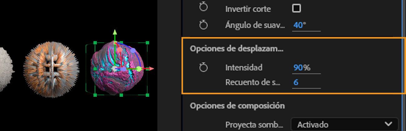 La sección Displacement Options está resaltada, y hay options de Intensity y Subdivision Count disponibles para ajuste.