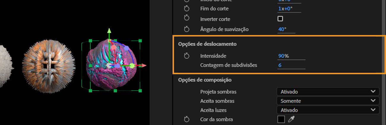 A seção Opções de Deslocamento está destacada, e há opções de Intensidade e Contagem de subdivisão disponíveis para ajuste.