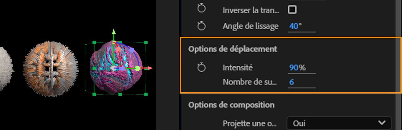 La section Options de déplacement est mise en surbrillance, et les options Intensité et Nombre de subdivisions sont disponibles pour ajustement.