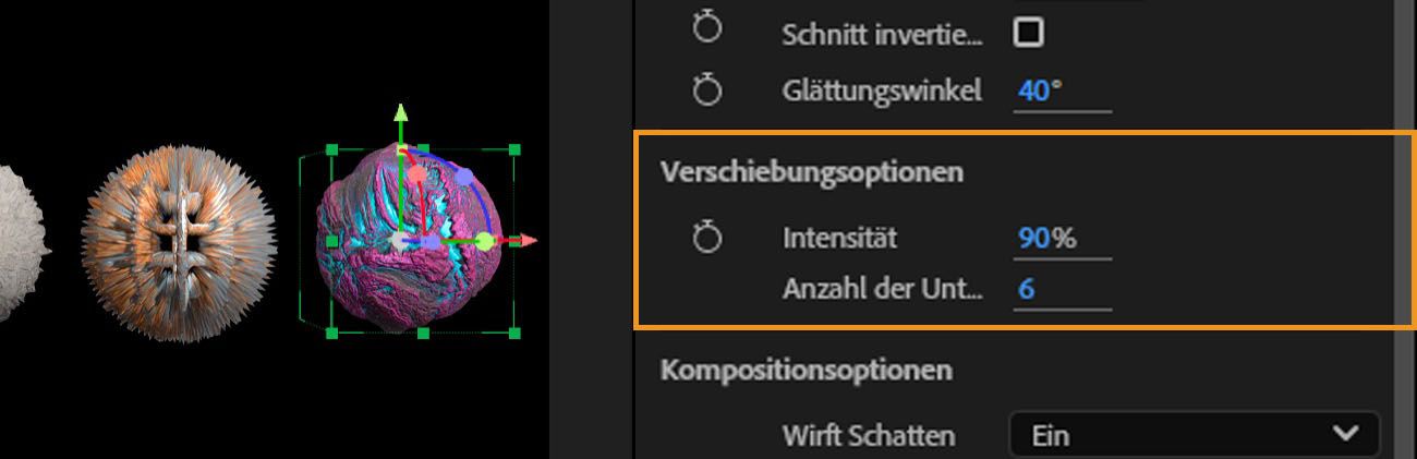 Der Abschnitt „Versetzungsoptionen“ ist hervorgehoben und es stehen Optionen für Intensität und Unterteilungsanzahl zur Anpassung zur Verfügung.