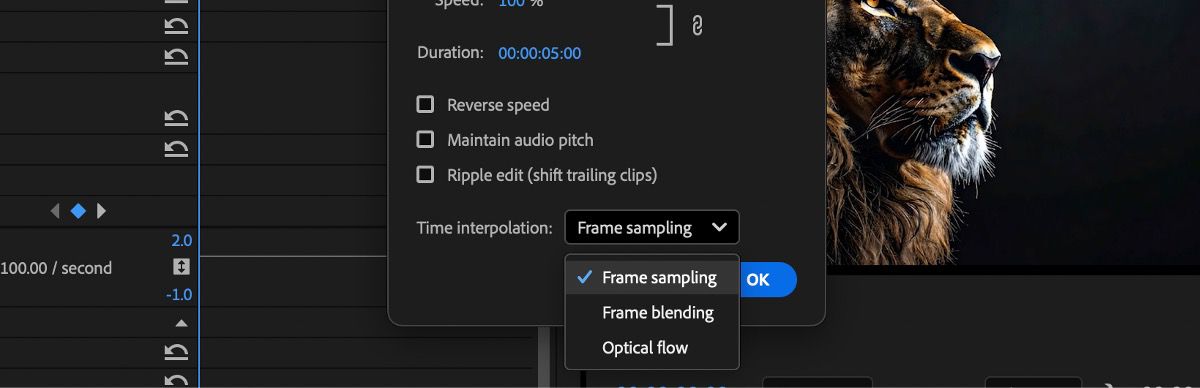 El cuadro de diálogo Velocidad/duración del clip está abierto y hay options como Frame Sampling, Frame Blending y Optical Flow para elegir.