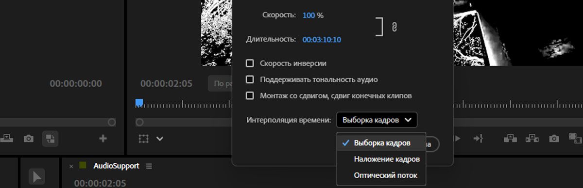 Открыто диалоговое окно скорости/длительности клипа, и есть варианты для выбора, такие как выборка кадров, смешивание кадров и оптический поток.