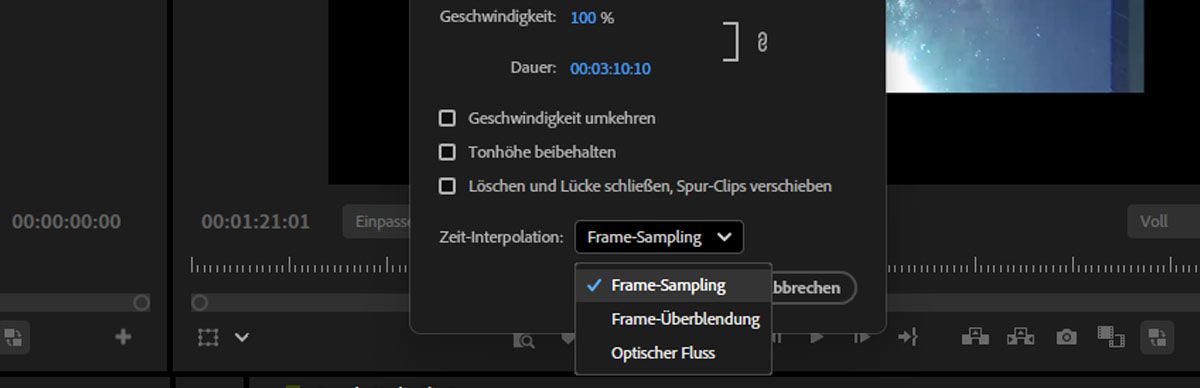 Das Dialogfeld „Geschwindigkeit/Dauer“ für den Clip ist geöffnet und es sind Optionen wie „Frame-Sampling“, „Frame-Überblendung“ und „Optischer Fluss“ verfügbar.
