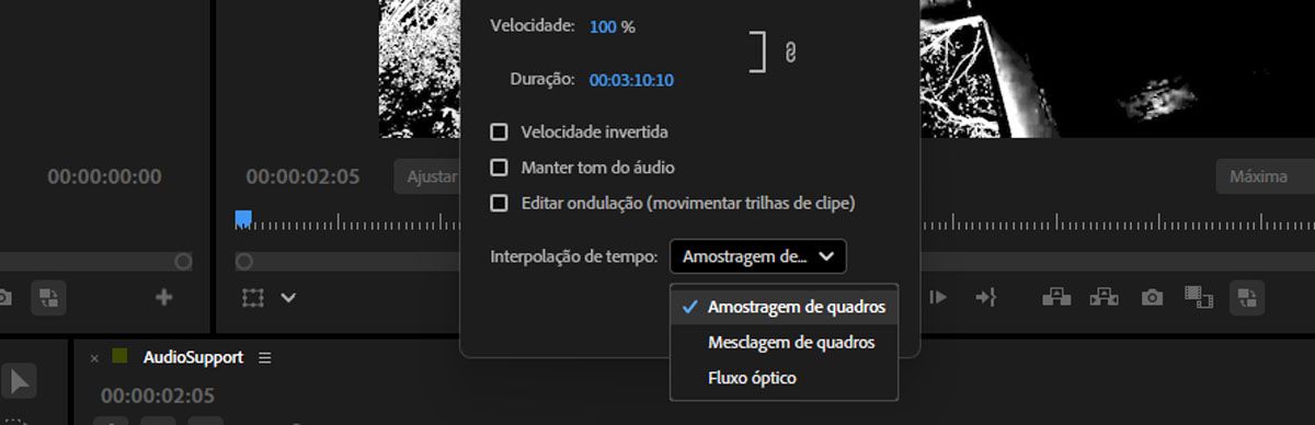 A caixa de diálogo Velocidade/Duração do clipe está aberta e há opções como Amostragem de quadros, Mesclagem de quadros e Fluxo óptico para escolher.