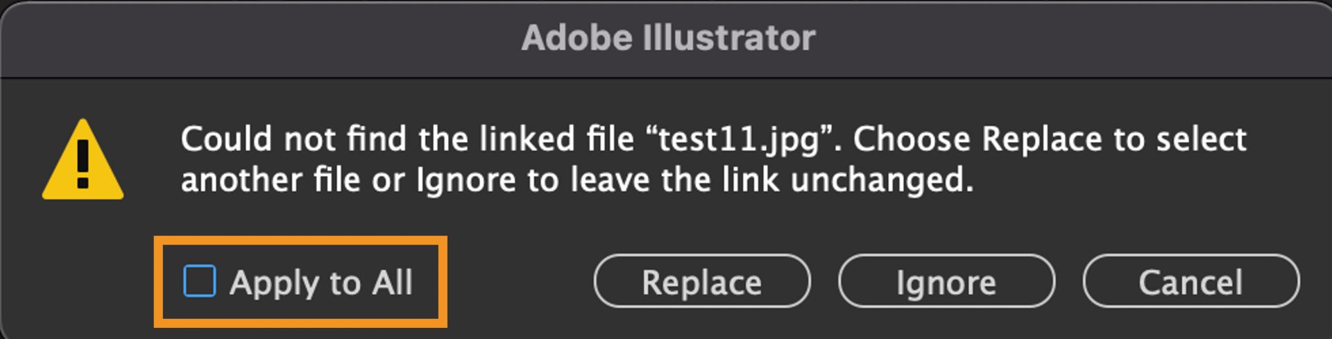 הודעת אזהרה שמופיעה כאשר במסמך Illustrator חסרים קישורים, והאפשרות Apply to All נבחרה.