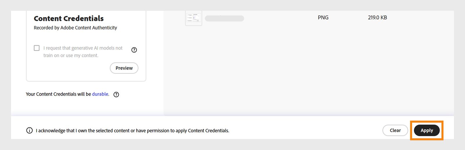 Use the Apply button highlighted in black at the lower-right corner of the screen to apply your Content Credentials on the uploaded files. 