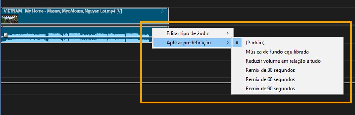 A opção “Aplicar predefinição” é selecionada com a opção de escolher entre as predefinições usadas recentemente.