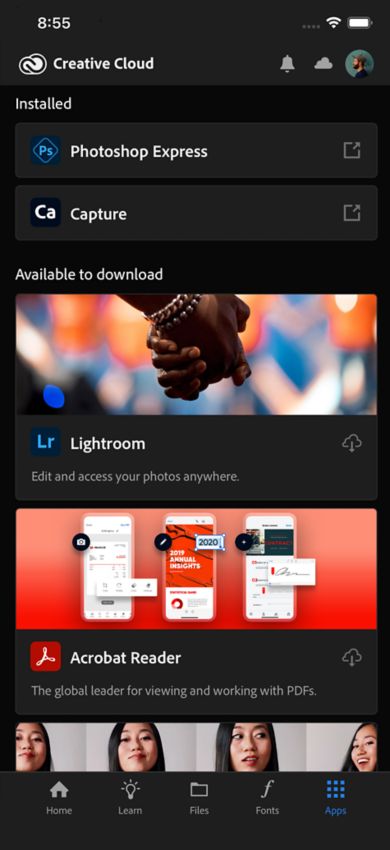 Creative Cloud mobil uygulamasında Uygulamalar sekmesi seçili