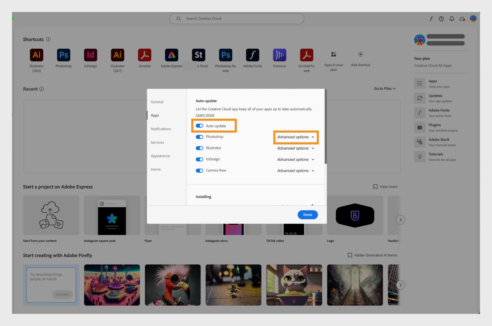 The Auto-update section in Apps tab showing all the installed apps with options to enable or disable auto-updates for each app, and view Advanced options. 