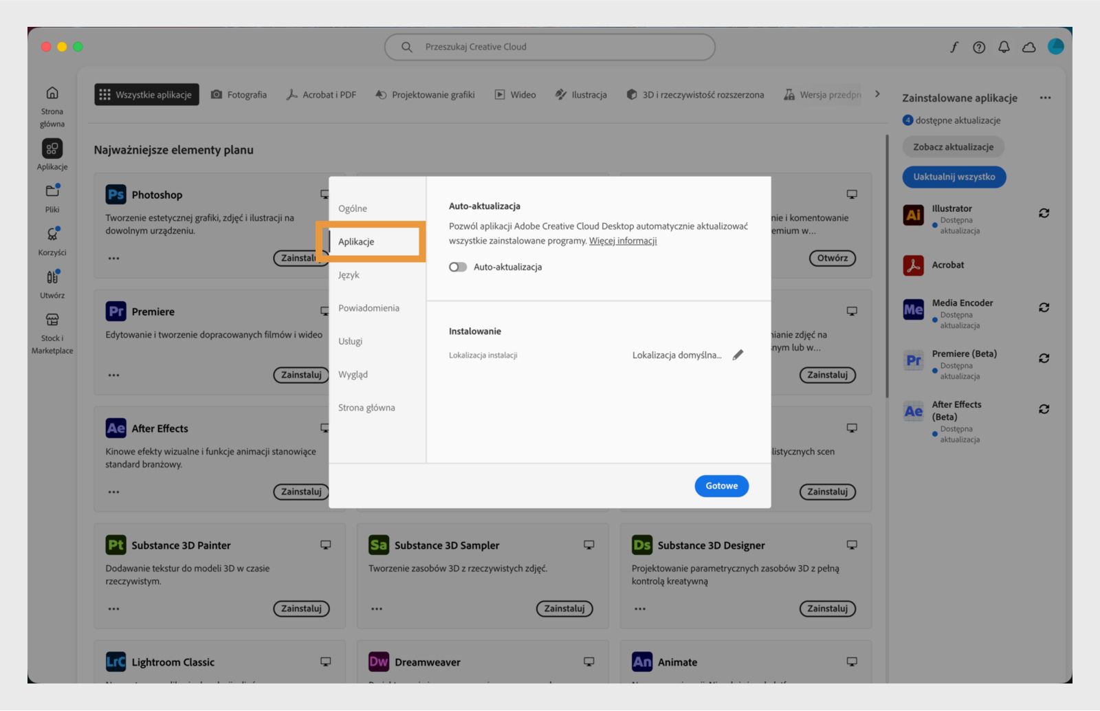 Panel preferencji Adobe Creative Cloud otwarty na karcie „Aplikacje", pokazujący opcje automatycznej aktualizacji, lokalizacji instalacji i wykorzystania przepustowości.