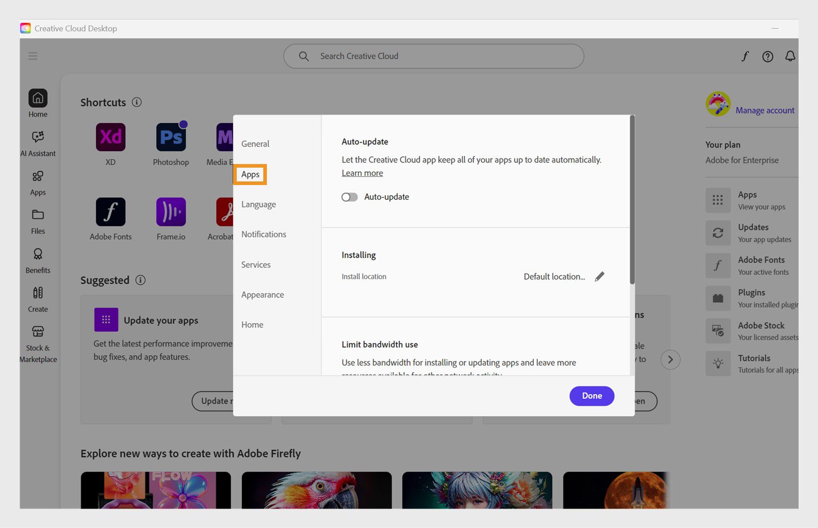 Панелът с предпочитания на Adobe Creative Cloud е отворен на раздела "Приложения", показващ опции за автоматично актуализиране, местоположение на инсталацията и използване на честотната лента.