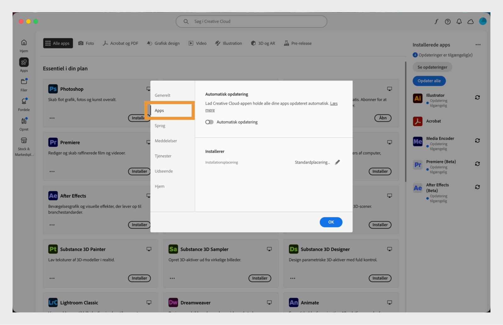Panelet Præferencer, der er åbent i Adobe Creative Cloud på fanen "Apps" og viser indstillinger for automatisk opdatering, installationsplacering og båndbreddeforbrug.