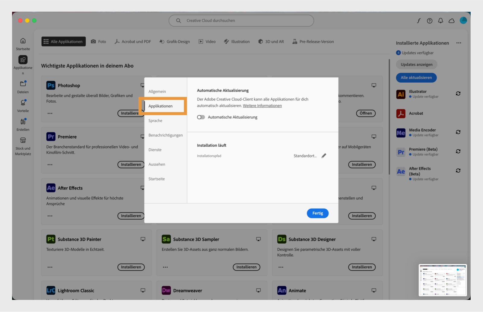 Das Einstellungsfenster von Adobe Creative Cloud wird auf der Registerkarte „Apps“ geöffnet und zeigt Optionen für die automatische Aktualisierung, den Installationsort und die Bandbreitennutzung an.