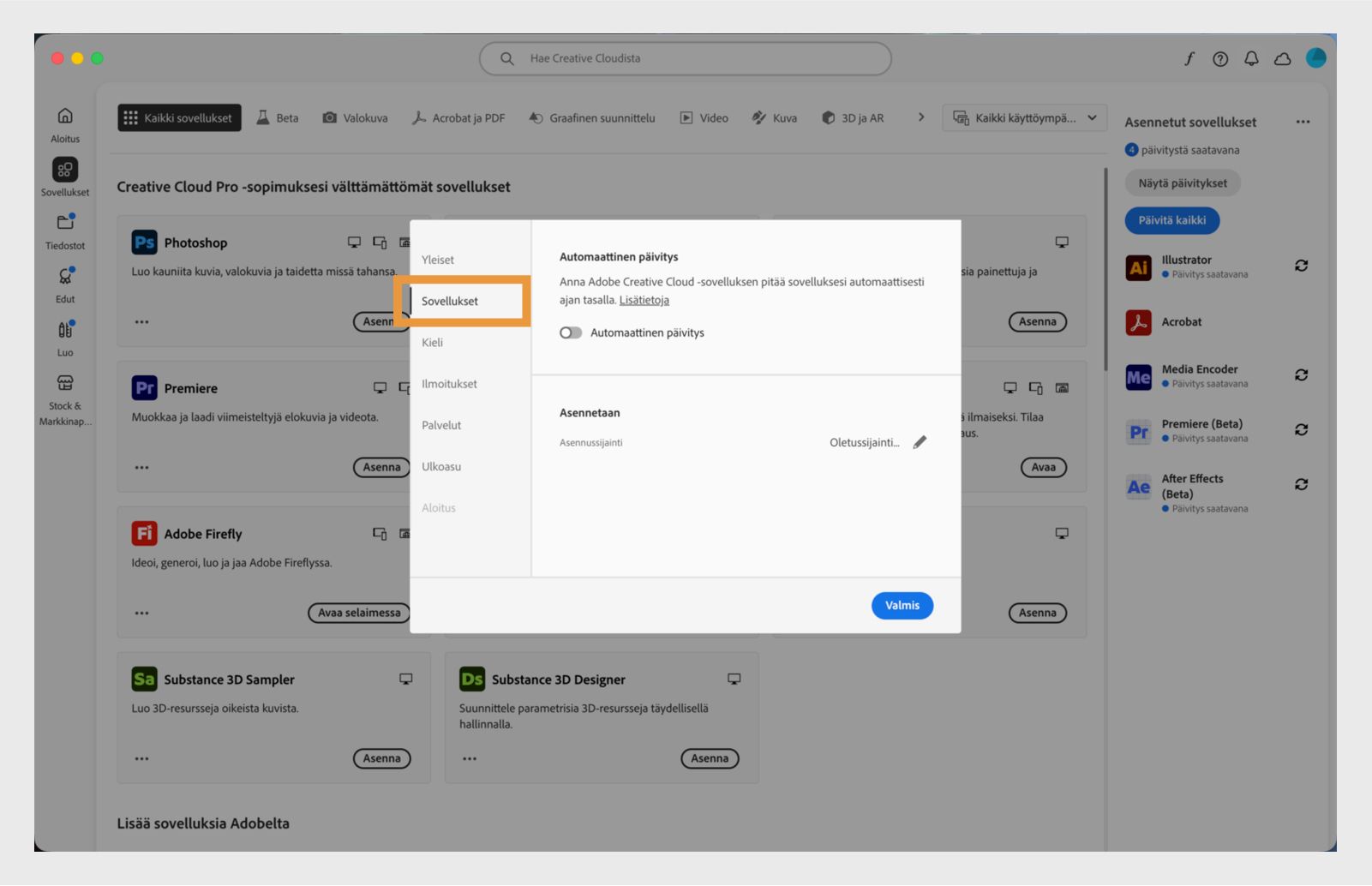 Adobe Creative Cloud -asetusten paneeli auki ”Sovellukset”-välilehdellä. Siinä näkyvät vaihtoehdot automaattiselle päivitykselle, asennussijainnille ja kaistanleveyden käytölle.