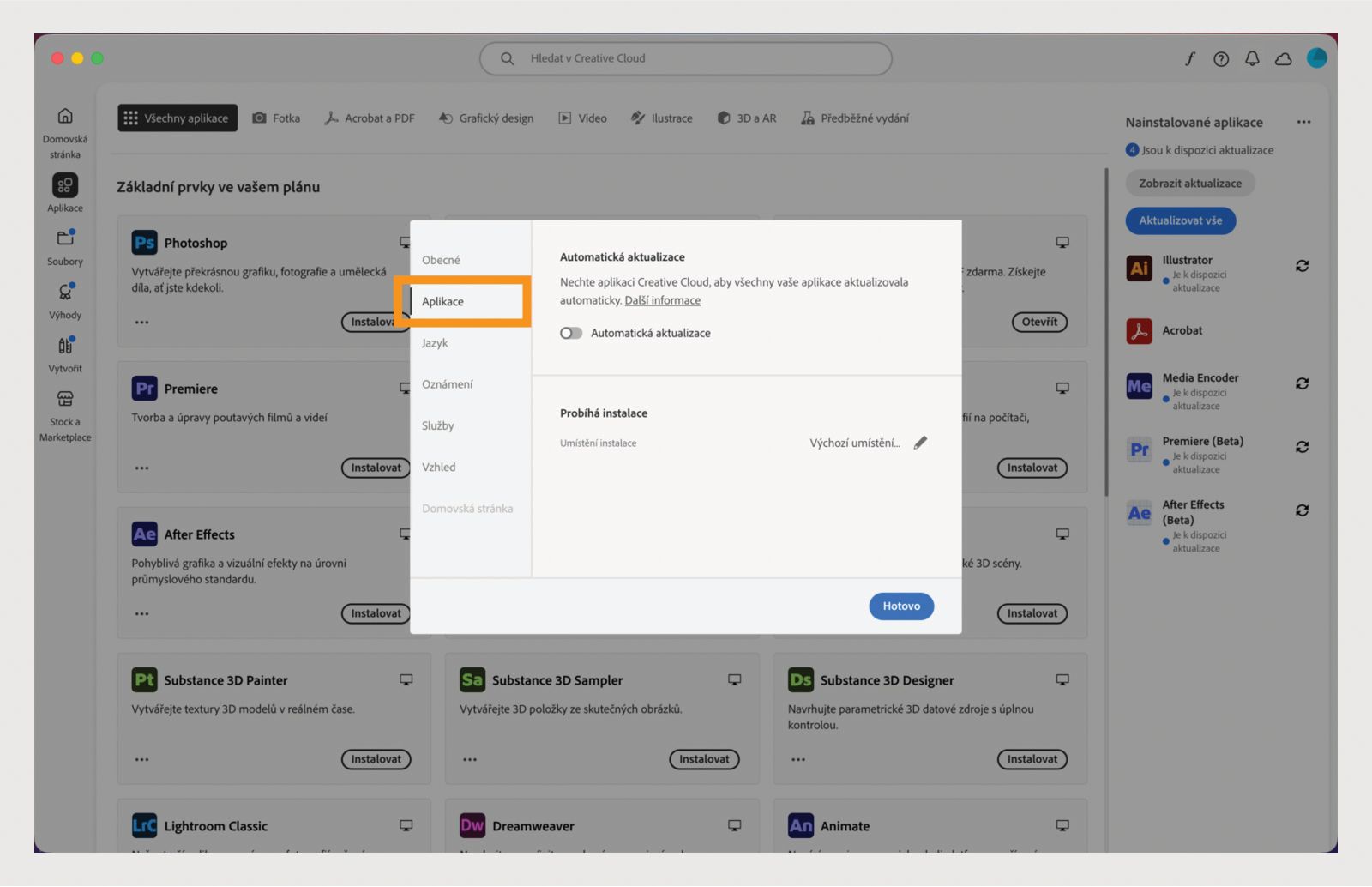 Panel předvoleb Adobe Creative Cloud otevřený na kartě Aplikace, zobrazující možnosti automatické aktualizace, umístění instalace a využití šířky pásma.