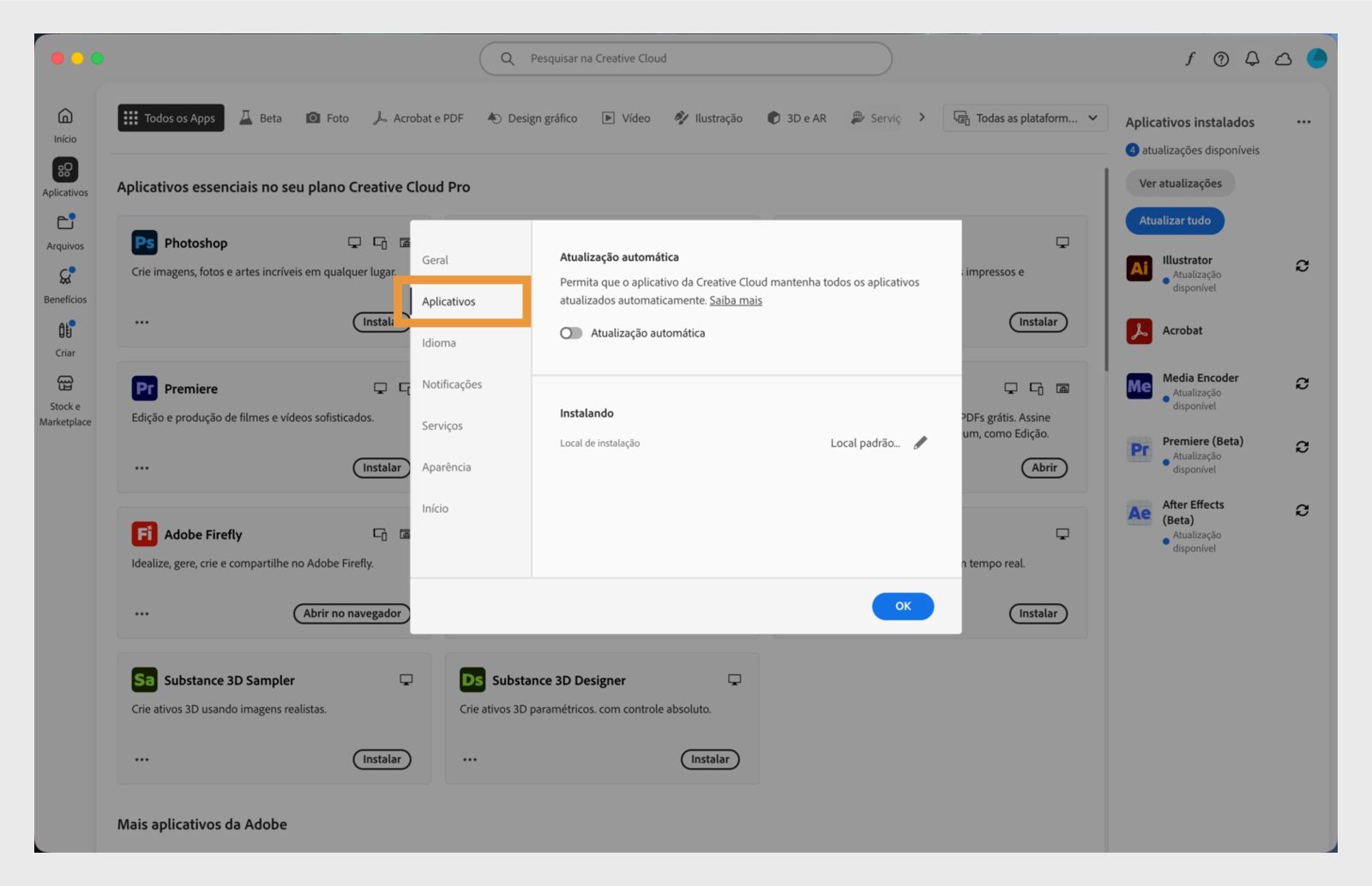 Painel de preferências da Adobe Creative Cloud aberto na guia “Aplicativos”, mostrando opções de atualização automática, local de instalação e uso de largura de banda.
