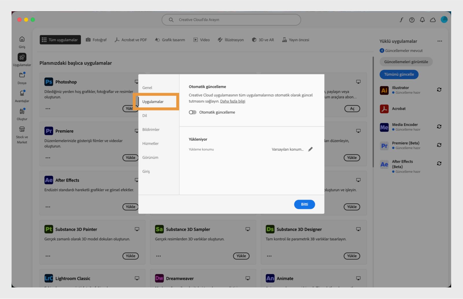 "Uygulamalar" sekmesinde açık olan Adobe Creative Cloud tercihleri paneli, otomatik güncelleme, yükleme konumu ve bant genişliği kullanımına yönelik seçenekleri gösteriyor.