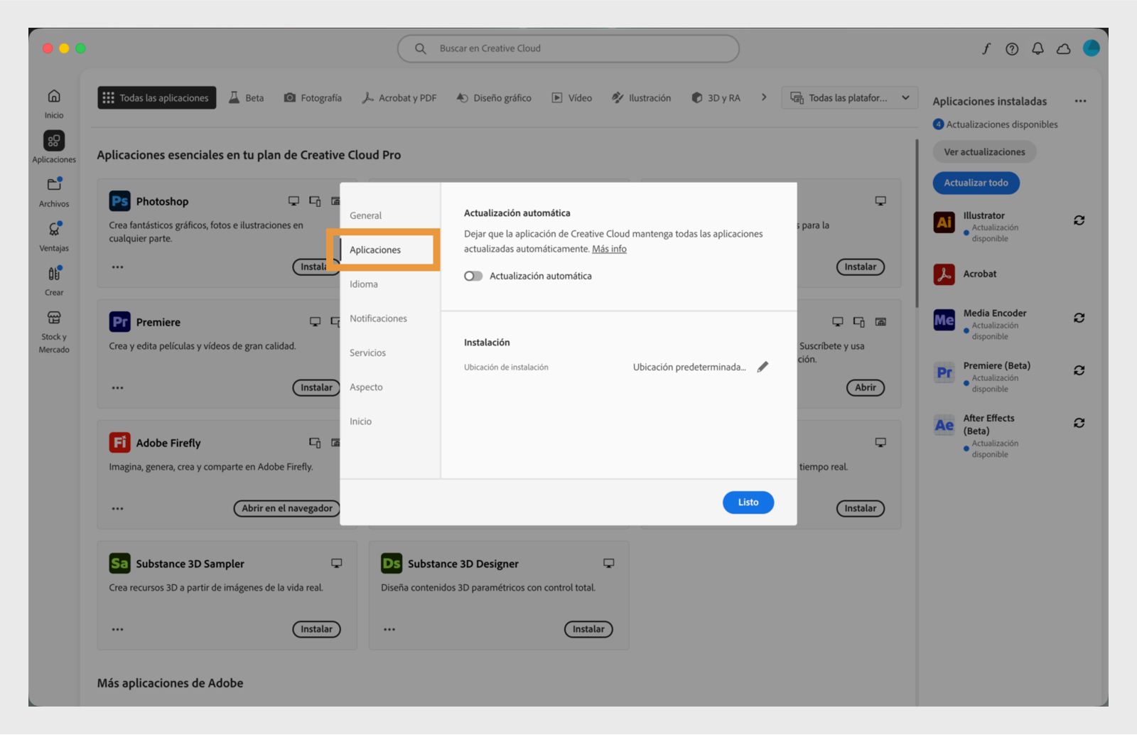 Panel de preferencias de Adobe Creative Cloud abierto en la pestaña "Aplicaciones", mostrando opciones para actualización automática, ubicación de instalación y uso de ancho de banda.